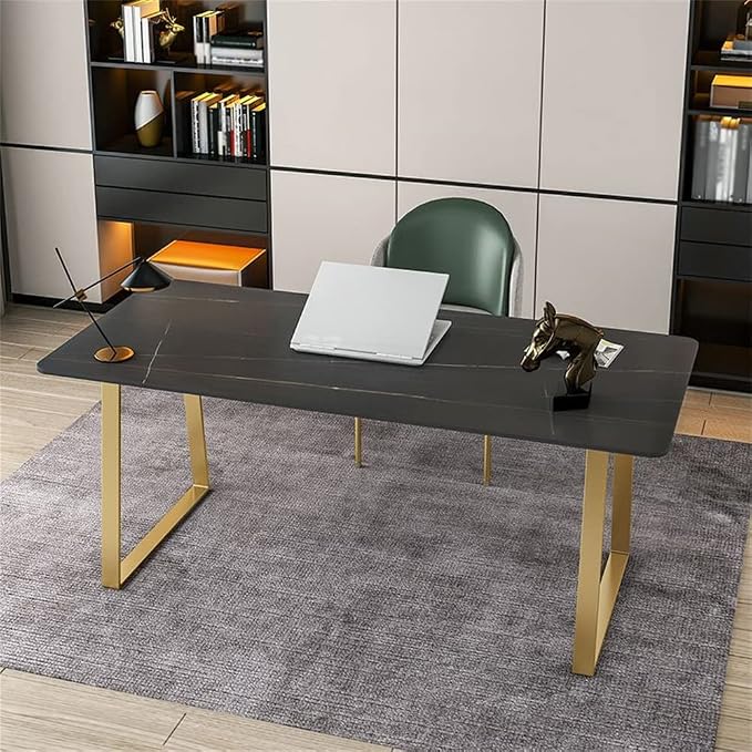 LAKIQ Modern Stone Writing Desk Home Office Working Table Desktop Computer Desk Home Writing Table-Table Only(Black-Gold,63" L x 31.5" W x 29.5" H)