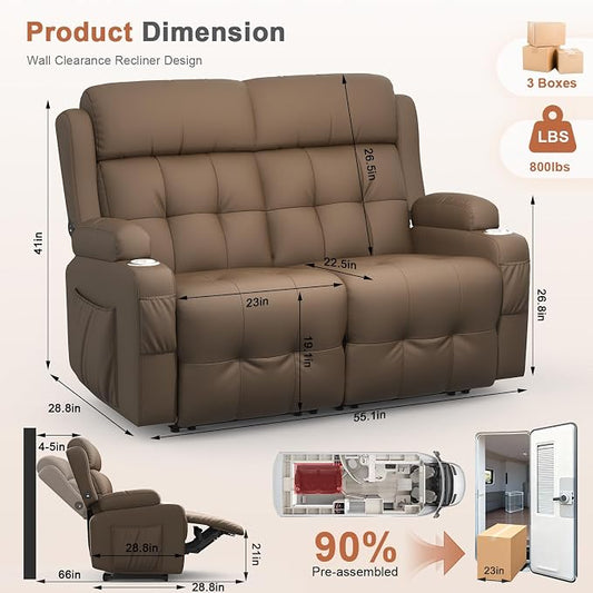 Loveseat Recliner Sofa, Home Theater Seating with Massage, Reclining Loveseats with Console, Wall Hugger RV Couch Movie Theater Chairs, RV Furniture Sofas with USB, Cup Holders, Drawer for Gaming Room