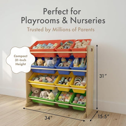 Humble Crew Kids' Toy Storage Organizer with 12 Plastic Bins, Natural/Primary, Model Number: WO560