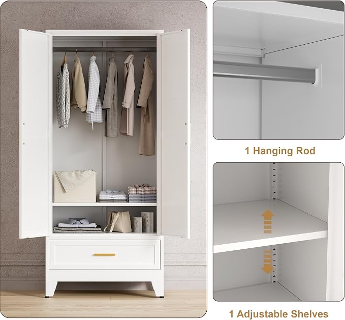 Washsemba 71'' Farmhouse Metal Wardrobe Cabinet with Hanging Rod, 2 Barn Door Wardrobe Closet with Adjustable Shelves,Drawer,for Dining Room,Bedroom,Living Room, Cloak Room,Office (White)