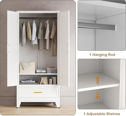 Washsemba 71'' Farmhouse Metal Wardrobe Cabinet with Hanging Rod, 2 Barn Door Wardrobe Closet with Adjustable Shelves,Drawer,for Dining Room,Bedroom,Living Room, Cloak Room,Office (White)