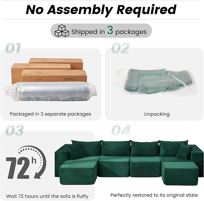 HOMREST 131" Cloud Couch Sectional, U Shaped Modern Sofa with 2 Ottomans, Comfy Corduroy Fabric Modular Sectional Sofa in a Box, Boneless Couches for Living Room, No Assembly Required (Green)