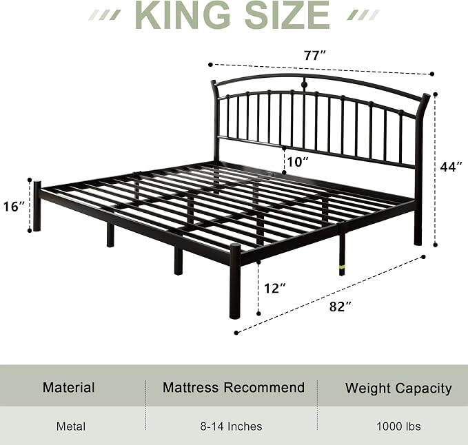 Feonase King Size Bed Frame with Headboard, Heavy-Duty Metal Black Bed Frame with 13 Hardened Steel Slats, 12" Under-Beds Storage, Noise-Free, Easy Assembly