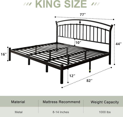 Feonase King Size Bed Frame with Headboard, Heavy-Duty Metal Black Bed Frame with 13 Hardened Steel Slats, 12" Under-Beds Storage, Noise-Free, Easy Assembly