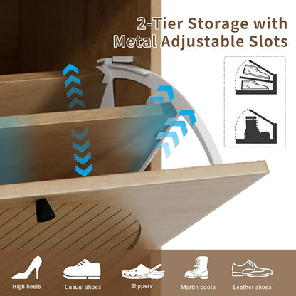 Fsbecl Shoe Storage Cabinet for Entryway with 4 Flip Drawers, Narrow Shoe Organizer with Fluted Panel, Freestanding Wood Hidden Shoe Cabinet (Wood Color, 4 Flip Drawers)