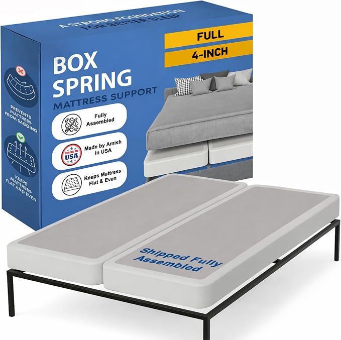 Greaton, Box Spring Bed Base Full Size, 4-Inch Wood Mattress Foundation – Amish Made in USA – Quiet Noise Free, 2-Pieces Under Mattress-Support BoxSpring, Fully Assembled, White