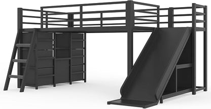 Bellemave Twin Size Low Loft Bed with Slide & 7 Fabric Storage Drawers,Metal Loft Bed Frame with Shelves and LED Lights for Boys Girls,Kids Loft Bed Twin,Black