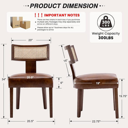 HNY Mid Century Modern Rattan Dining Chairs Set of 6, Farmhouse PU Leather Upholstered Accent Chair Curved Backrest Kitchen Chairs, with Hardwood Frame, Brown
