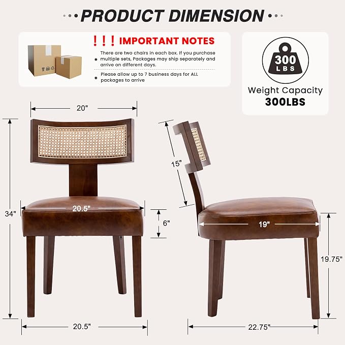 HNY Mid Century Modern Rattan Dining Chairs Set of 2, Farmhouse PU Leather Upholstered Accent Chair Curved Backrest Kitchen Chairs, with Hardwood Frame, Brown