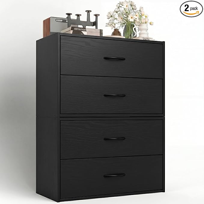 PrimeZone 2 Wood Drawer for Closet Storage: Black Stackable Short Closet Dresser for Clothes Organizer - Modular Chest Cabinet for Closet Bedroom Dorm Wardrobe Nursery, 2 Packs