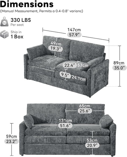 Iroomy 57" Chenille Loveseat 2 Seater, Small Love Seat Sofa, Cloud Couch Thick Cushions, Pocket Springs, Compact Couches for Apartment, Living Room, Gray | 9.5" Thick Cushions