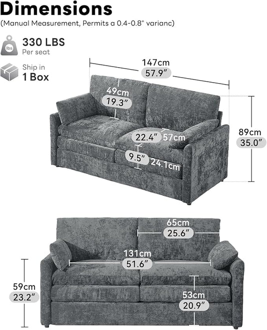 Iroomy 57" Chenille Loveseat 2 Seater, Small Love Seat Sofa, Cloud Couch Thick Cushions, Pocket Springs, Compact Couches for Apartment, Living Room, Gray | 9.5" Thick Cushions