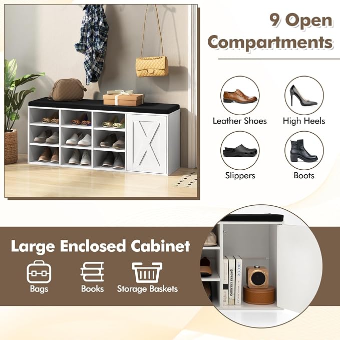 Tangkula Shoe Storage Bench with Padded Cushion, 3-Tier Entryway Bench with 9 Compartments, Adjustable Shelves, Closet, 9-Cube Shoe Organizer for Entryway, Hallway, Bedroom (White)