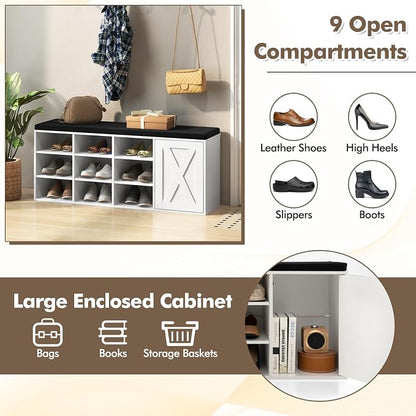 Tangkula Shoe Storage Bench with Padded Cushion, 3-Tier Entryway Bench with 9 Compartments, Adjustable Shelves, Closet, 9-Cube Shoe Organizer for Entryway, Hallway, Bedroom (White)