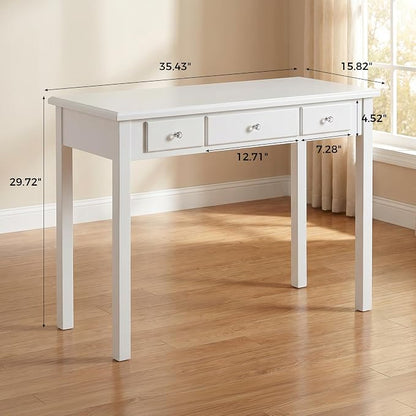 STHOUYN Small White Writing Desk with Drawers, Vanity Table for Bedroom | Small Farmhouse Makeup Vanity Desk No Mirror, Adult/Student Writing Desk with Drawers for Small Spaces, Home Office, Study