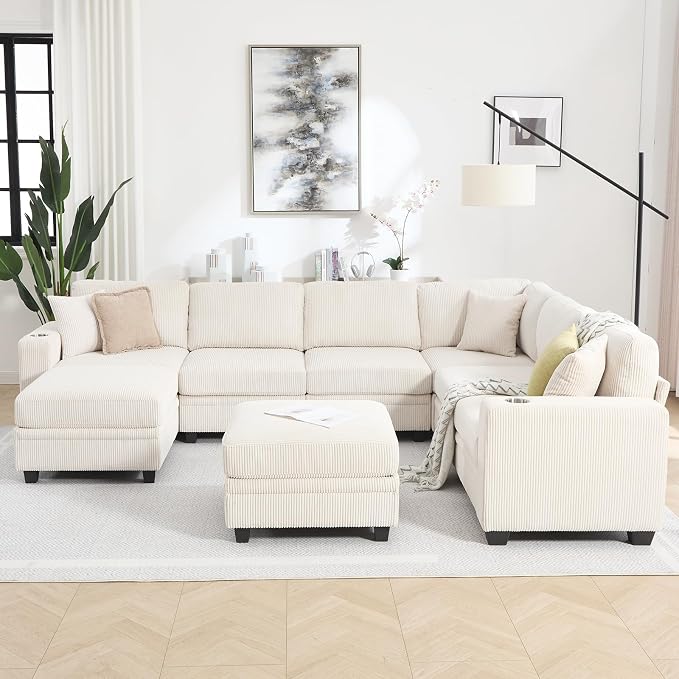 127" Modular Sectional Sofa with Storage, Corduroy 8-Seater V-Shaped Sofa with Ottoman Chaise, Convertible L-Shaped U-Shaped Cloud Sectional Couches for Living Room, Apartment