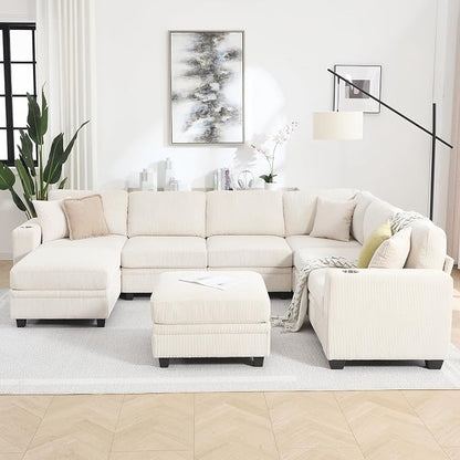 127" Modular Sectional Sofa with Storage, Corduroy 8-Seater V-Shaped Sofa with Ottoman Chaise, Convertible L-Shaped U-Shaped Cloud Sectional Couches for Living Room, Apartment