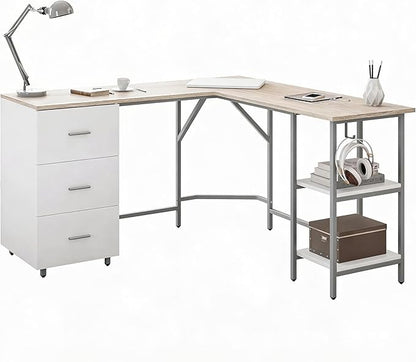 Techni Mobili L Shaped Desk - Two-Toned Computer Desk with Drawers & Storage Shelves - Simple Modern Furniture & Home Office Space Corner Table for Work & Writing | 59" two‑tone L‑shaped desk with storage shelves, durable frame, modern corner workstati...