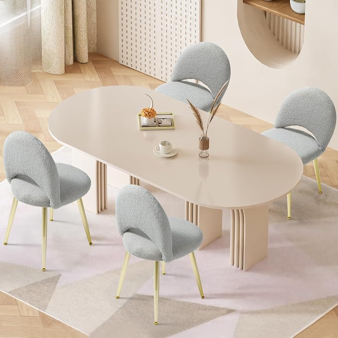 Vanity Chair with Backrest, Boucle Upholstery Armless Makeup Stool, Gray Vanity Stool with Gold Metal Legs for Bedroom Living Room Kitchen Dinning Room (Gold and Light Gray)