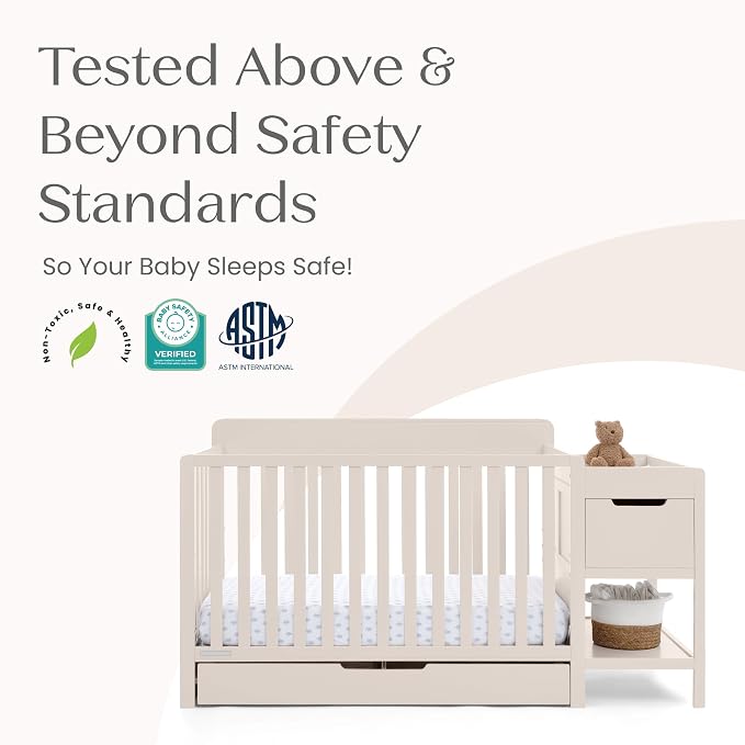 Delta Children Maya 5-in-1 Convertible Crib and Changer with Storage, Converts to Toddler Bed, Daybed, Sofa & Full Bed, Greenguard Gold Certified, 3 Mattress Heights for Baby, Soft Beige