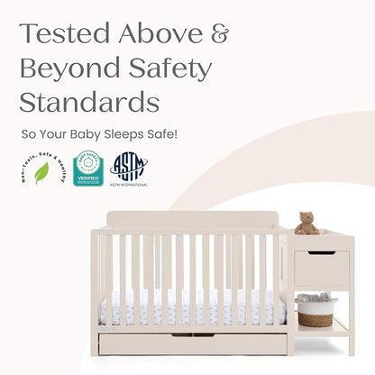 Delta Children Maya 5-in-1 Convertible Crib and Changer with Storage, Converts to Toddler Bed, Daybed, Sofa & Full Bed, Greenguard Gold Certified, 3 Mattress Heights for Baby, Soft Beige
