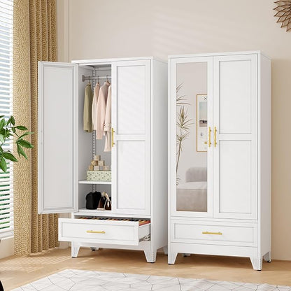 Metal Armoire Wardrobe Closet Storage Cabinet with Mirror White, 71'' Wardrobe Cabinet with Hanging Rod Metal Closet with Adjustable Shelf and Drawer for Bedroom, Laundry Room, Cloak Room