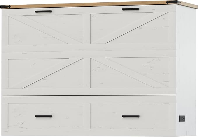 Bellemave Queen Size Murphy Bed, Cabinet Bed with Charging Station and Storage, Farmhouse Murphy Cabinet with Foldable Panel, Noisy Free, for Guest Bedroom, Living Room, Office, White