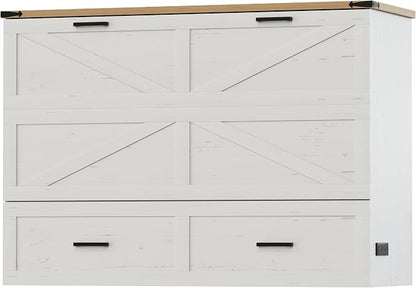 Bellemave Queen Size Murphy Bed, Cabinet Bed with Charging Station and Storage, Farmhouse Murphy Cabinet with Foldable Panel, Noisy Free, for Guest Bedroom, Living Room, Office, White