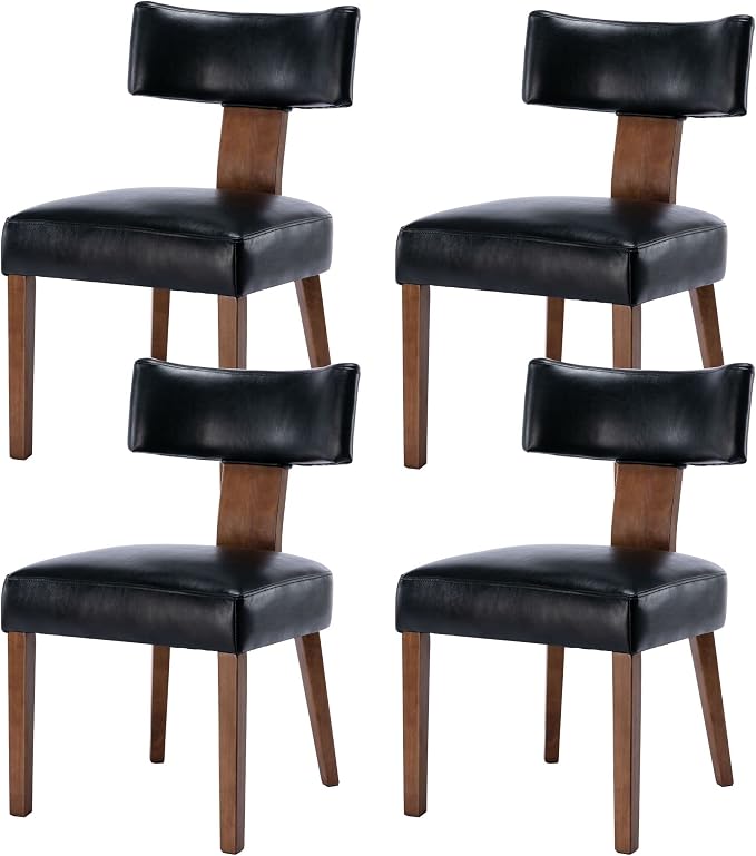 RIVOVA Set of 4 Mid Century Modern Dining Chairs, Farmhouse PU Leather Upholstered Dining Room Chairs Kitchen Chairs Side Chairs with Curved Backrest Wood Legs, Black