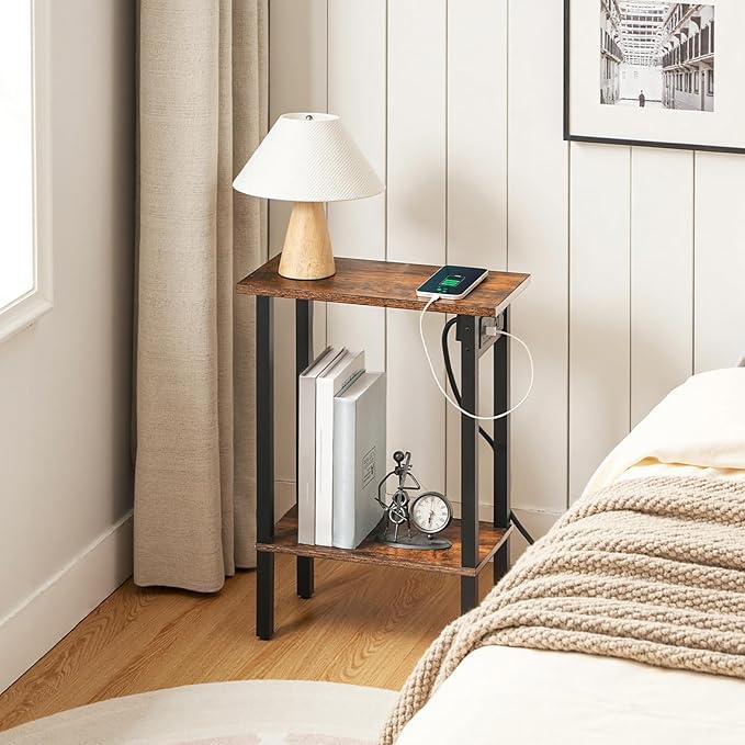 HOOBRO Narrow Side Tables, Set of 2, 2-Tier Slim End Tables with Charging Station, Skinny Nightstands with Open Storage, for Small Spaces, Living Room, Bedroom, Rustic Brown and Black BF240UBZP201