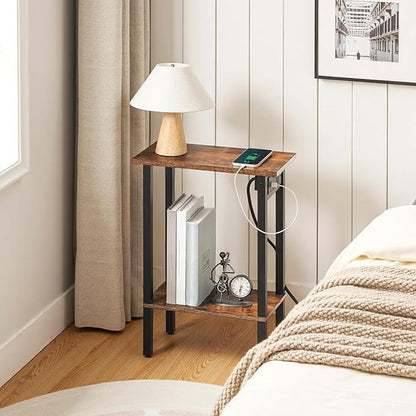 HOOBRO Narrow Side Tables, Set of 2, 2-Tier Slim End Tables with Charging Station, Skinny Nightstands with Open Storage, for Small Spaces, Living Room, Bedroom, Rustic Brown and Black BF240UBZP201