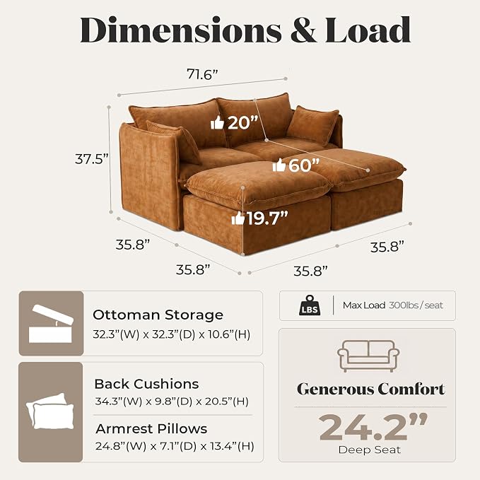 Cloud Modular Loveseat Lounge, Oversized Deep Seat, Luxe Chenille | Fully Removable Washable Covers, Memory Foam Seat Cushions, Storage Ottoman, Premium Fabric