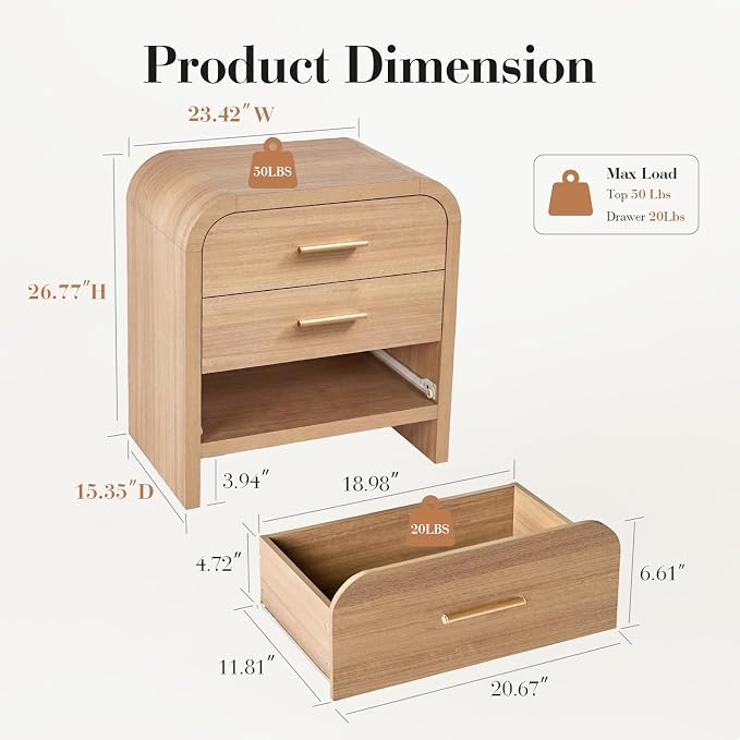 Night Stand Set of 2 [Unique Curved Profile] [FSC-Certified Wooden Board] 3-Drawer Nightstand 26.7" H Metal Handle Modern Sturdy Bedside Table Side Table End Table