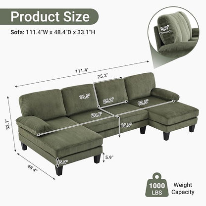 VINGLI 110" Sectional Couches for Living Room,U Shaped Couch with Double Chaise, 4-Seat Sofa Set with Corduroy Fabric for Home Furniture,Green