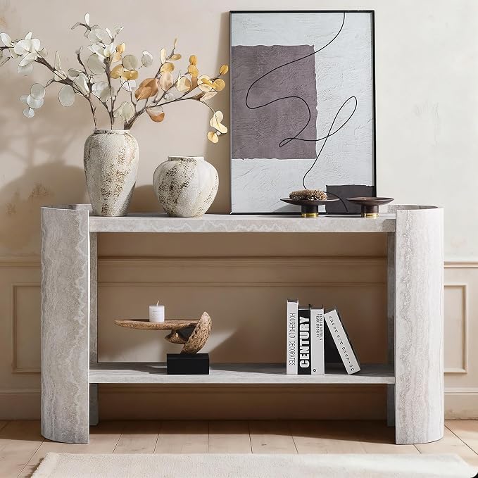 LKTART 53" Console Table for Entryway with Faux Marble Pattern, Couch Tables Behind Sofa, Space-Saving Wooden Entry Foyer Hallway Table with Shelf, Modern Console Sofa Tables for Hallway Organization