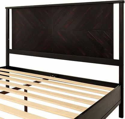 Bme Vivian 14 Inch Deluxe Bed Frame with Headboard, Rustic & Scandinavian Style with Solid Acacia Wood, No Box Spring Needed, 12 Strong Wood Slat Support, Easy Assembly, King, Rustic Black