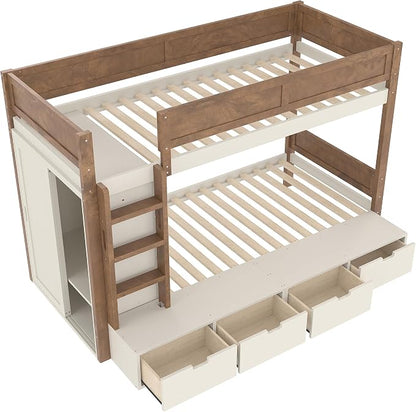 Bellemave Twin Over Twin Bunk Bed with Storage Drawers,Solid Wood Bunk Bed with Built-in Wardrobe,Storage Shelf and Safety Guardrails for Kids Girls Boys,Beige & Natural