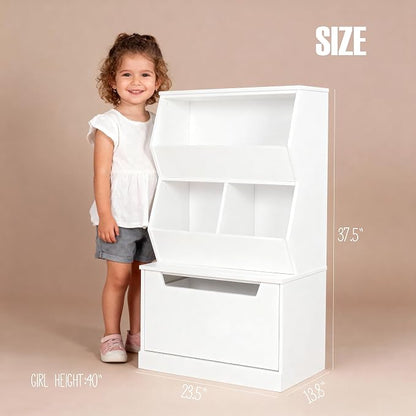 UTEX Slanted Kids Toy Storage Organizer, Children Storage Cubby with Drawer | Kids Bookshelf and Bookcase, Full-Width Smooth Drawer, Perfect Height for Kids, Toy Room, Playroom, Nursery, Wood, White