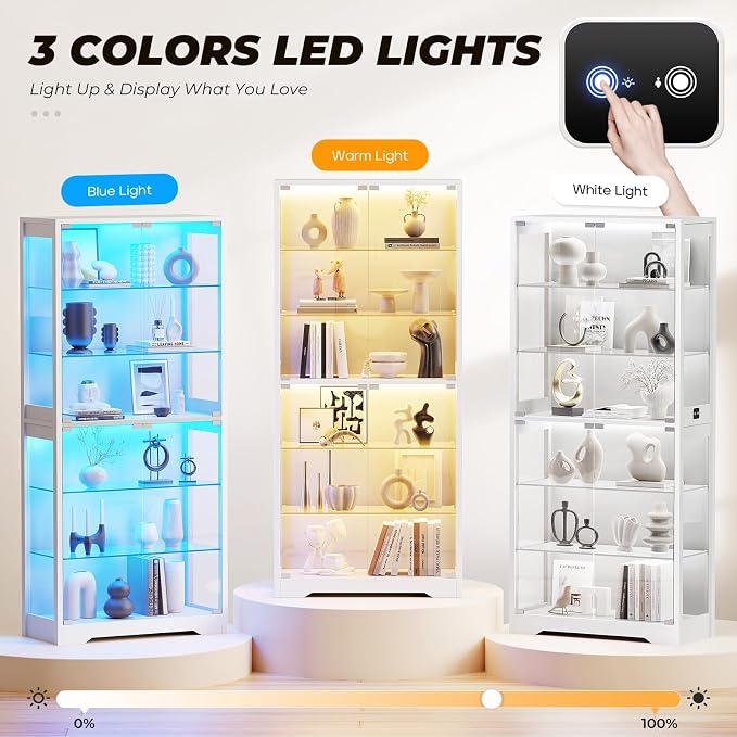 BROTTAR 6-Tier 71" Display Cabinet with Glass Door, Curio Cabinet with 3 Color Lights for Collectibles, Display Case with Adjustable Glass Shelves, Human Body Sensor, Storage Cabinets, White