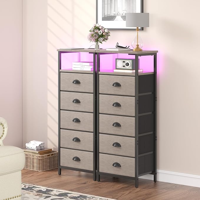 sthmec Nightstand with Charging Station,LED Grey Nightstand with 5 Fabric Drawers, Bedside End Tables, 2-Tier Open Storage Shelf Side Table Nightstand with Drawers for Bedroom, Grey
