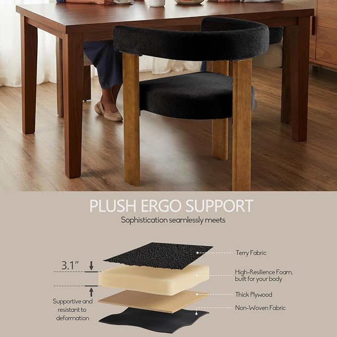 VIRRMO Boucle Dining Chair Set of 2 Terry Upholstered Dining Room Chairs Kitchen Chairs with Wood Legs Mid Century Modern Chair for Dining Room, Kitchen (Wood-Black, 4)