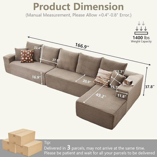 166.9" Cloud Sectional Couch with L-Shape Chaise, Upholstered Corduroy Couches Sleeper with Deep Seat, Modern Modular Comfy Sofa Chaise Longue for Living Room Bedroom, No Assembly Required, Camel
