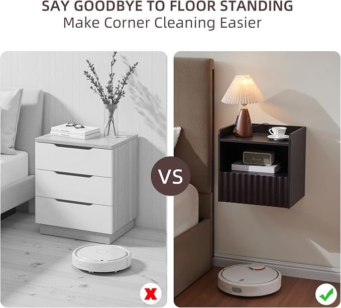 BuildHom Modern Fluted Floating Nightstand Wall Mounted - Bedside Table with Storage Drawer & Display Shelf, Minimalist Bedroom Furniture for Studio Apartments(Espresso)