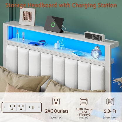 Furnulem Twin Size Bed Frame with Charging Station & LED Lights, Modern Platform Bed with 2-Tier Storage Shelves, White PU Leather Upholstered Headboard, No Box Spring Needed, Metal Slats Support