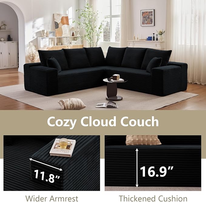 Sectional Cloud Couch for Living Room, Modern Modular Floor Deep-Seat Sofa, Upholstered L Shaped Sofas, Big Comfy Corduroy Couches Set for Living Room Bedroom, No Assembly Required, Black