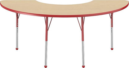 FDP Half Moon Activity School and Office Table (36 x 72 inch), Standard Legs with Ball Glides for Collaborative Seating Environments, Adjustable Height 19-30 inches - Maple Top and Red Edge