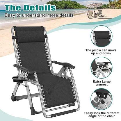 DoCred Zero Gravity Chair, Lawn Recliner, Reclining Patio Lounger Chair, Folding Portable Chaise with Detachable Headrest and Cup Holder