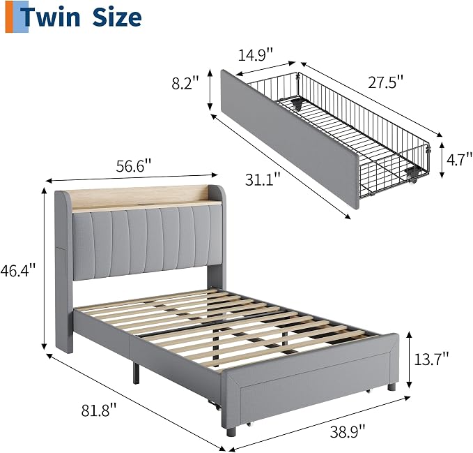 Garvee Queen Size Platform Bed Frame with Upholstered Storage Headboard, Built-in Charging Station, Metal Drawers, Wooden Slats, Sturdy and Noise-Free, Modern Bedroom Furniture - Twin, Light Gray