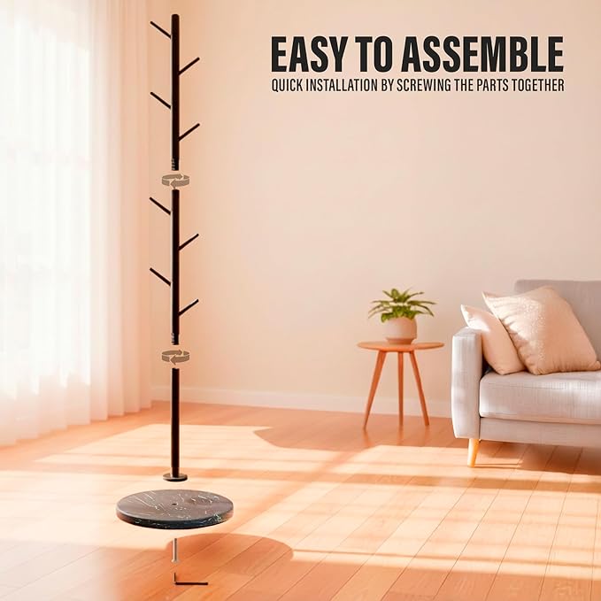 Coat Rack with Real Marble Base, Freestanding Metal Clothing Rack with 8 Hooks, Modern Hall Tree for Entryway, Bedroom & Office, Space Saving Coat Hanger Stand for Small Spaces (Black)