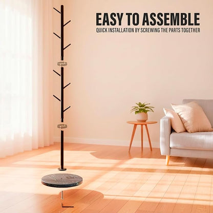 Coat Rack with Real Marble Base, Freestanding Metal Clothing Rack with 8 Hooks, Modern Hall Tree for Entryway, Bedroom & Office, Space Saving Coat Hanger Stand for Small Spaces (Black)